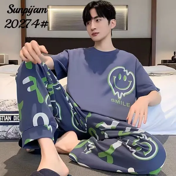 Pijama de hombre de manga corta con pantalón largo, playera azul con carita feliz
