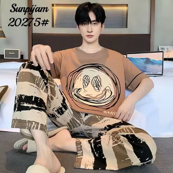 Pijama de hombre de manga corta con pantalón largo, playera café con carita feliz