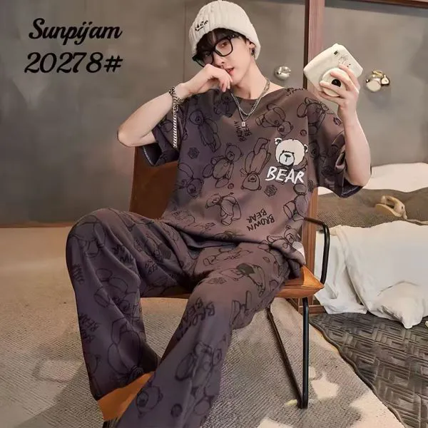 Pijama de hombre de manga corta con pantalón largo, estampado de osos color gris