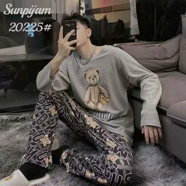 Pijama de hombre de manga larga con pantalón largo, playera gris con estampado de oso