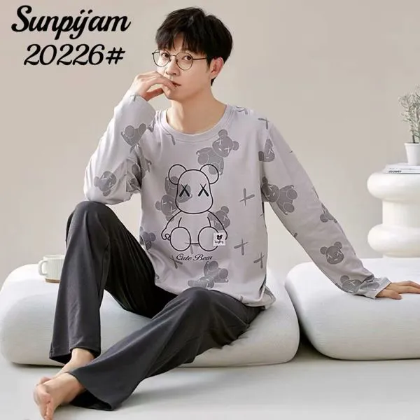 Pijama de hombre de manga larga con pantalón largo, playera gris con estampado de oso