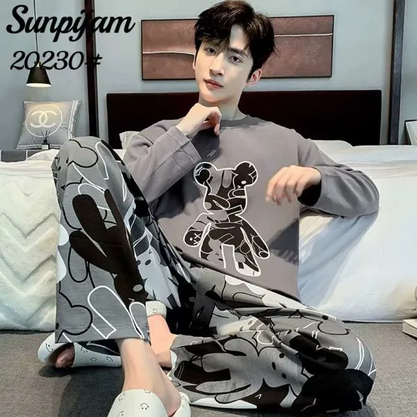 Pijama de hombre de manga larga con pantalón largo, playera gris con estampado de oso