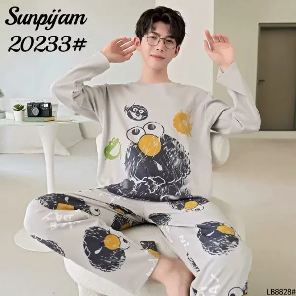 Pijama de hombre de manga larga con pantalón largo estampado de caricatura, color gris