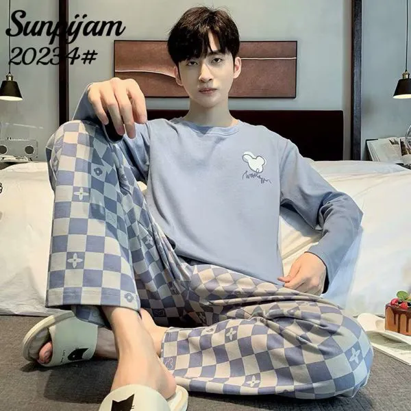 Pijama de hombre de manga larga con pantalón largo a cuadros, color azul