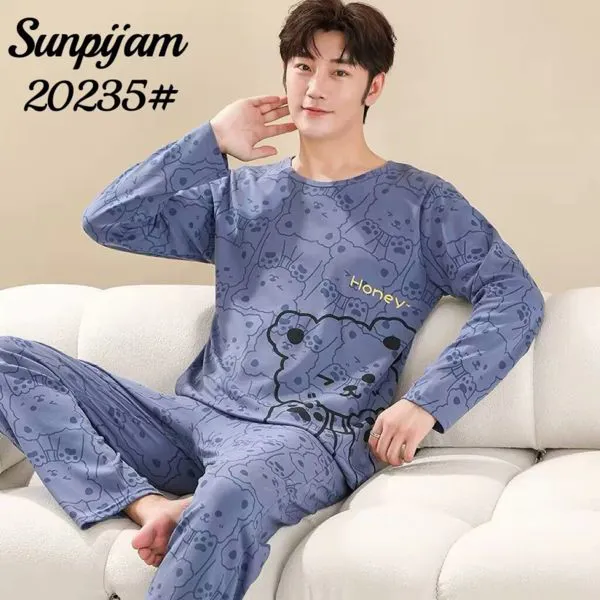 Pijama de hombre de manga larga con pantalón largo estampado de ositos, color azul