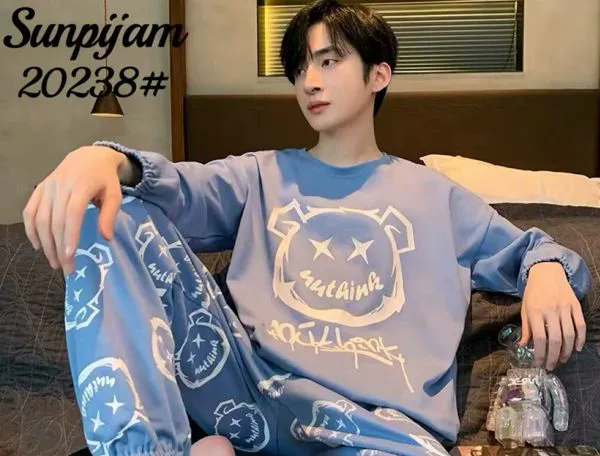 Pijama de hombre de manga larga con pantalón largo estampado, color azul