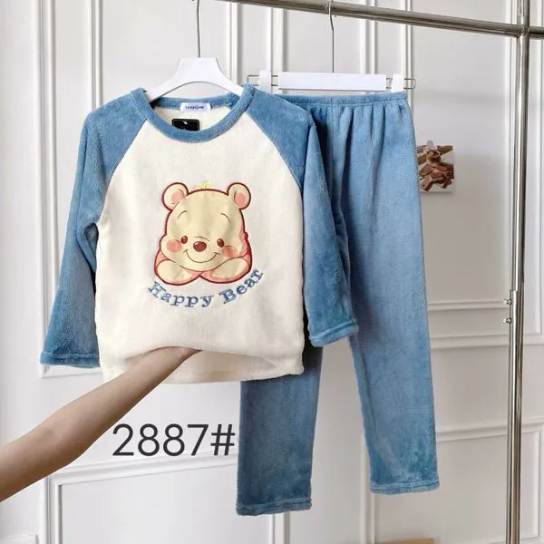 Conjunto de pijama de felpa para niños con estampado de osito, color azul