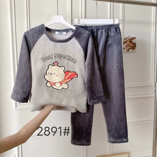 Conjunto de pijama de felpa para niños con estampado de osito, color gris