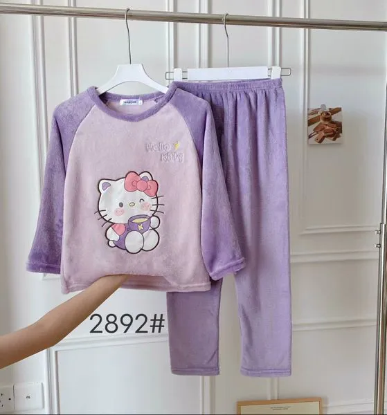 Conjunto de pijama de felpa para niños con estampado de gatita, color morado