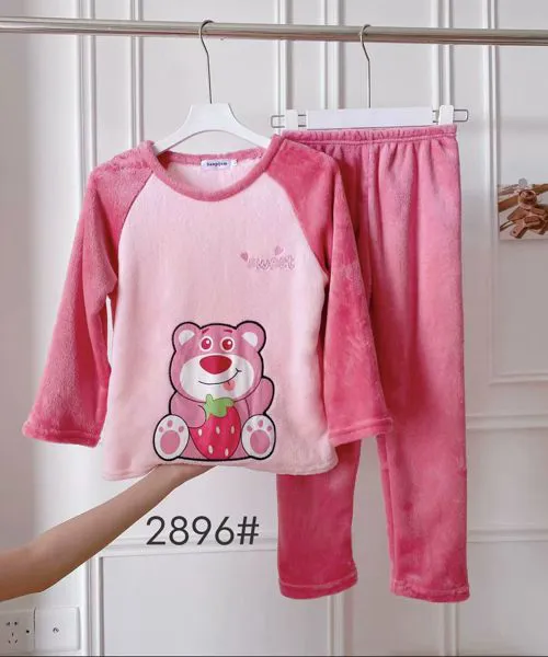 Conjunto de pijama de felpa para niños con estampado de osito, color rosa