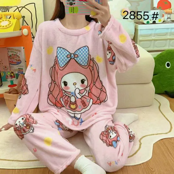 Conjunto de pijama de felpa para mujer con estampado de conejita, color rosa
