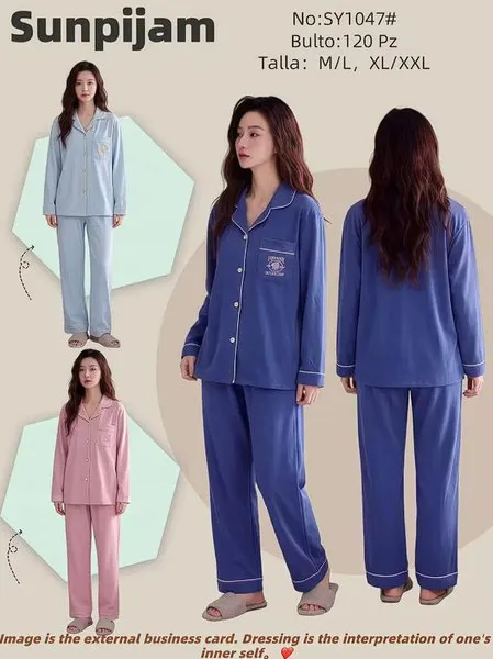 Conjunto de pijama de mujer con botones, manga larga y pantalón largo, color azul