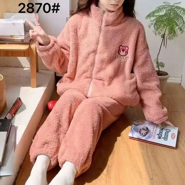 Conjunto de felpa afelpada para mujer con cierre y bordado de osito, color rosa