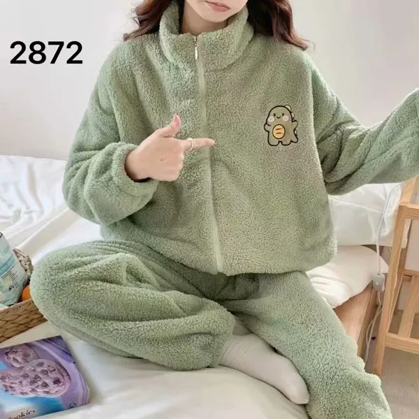 Conjunto de felpa afelpada para mujer con cierre y bordado de dinosaurio, color verde