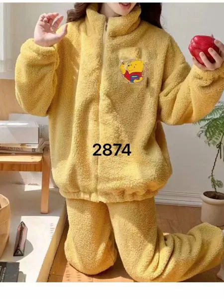 Conjunto de felpa afelpada para mujer con cierre y bordado de osito, color amarillo