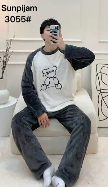 Conjunto de pijama de felpa para hombre con estampado de osito, color gris