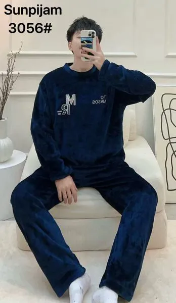Conjunto de pijama de felpa para hombre con estampado de letras, color azul marino