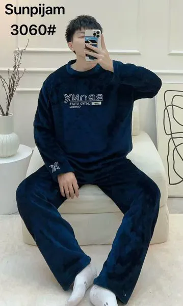 Conjunto de pijama de felpa para hombre con estampado de letras, color azul marino