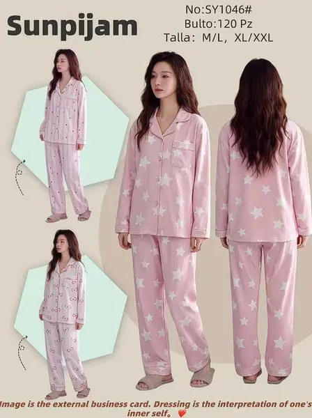Conjunto de pijama de mujer con botones, manga larga y pantalón largo, estampado de estrellas, color rosa