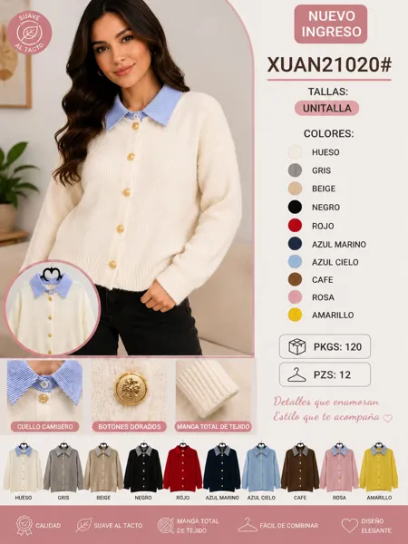 Suéter con cuello camisero y botones dorados