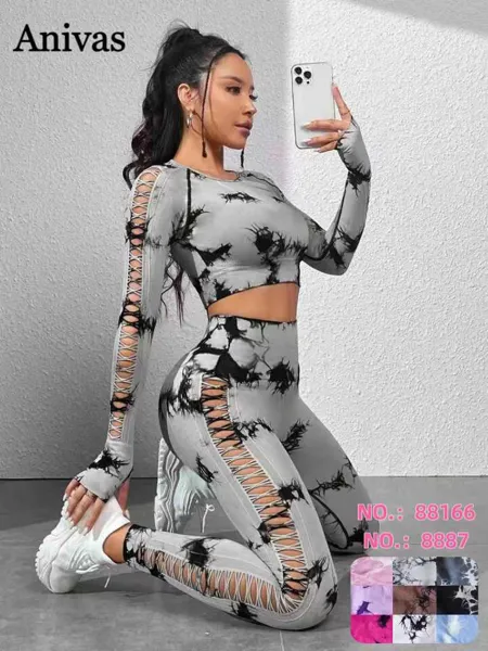 Conjunto deportivo de top crop de manga larga y leggings con detalles de cordones-88166