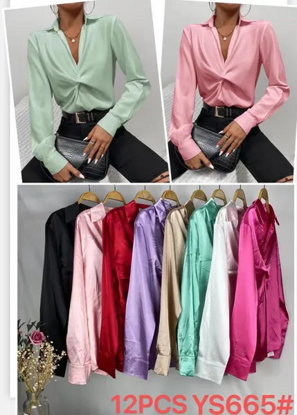 Camisa de satin de manga larga con nudo frontal-YS665