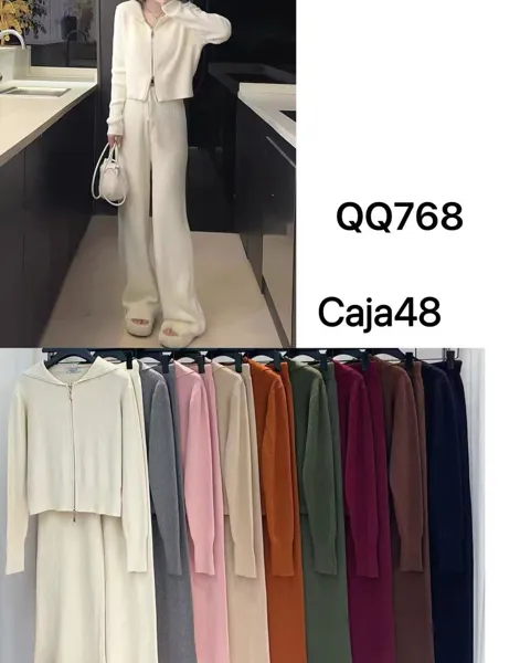 Conjunto de sudadera con capucha y pantalón de punto acanalado-QQ768