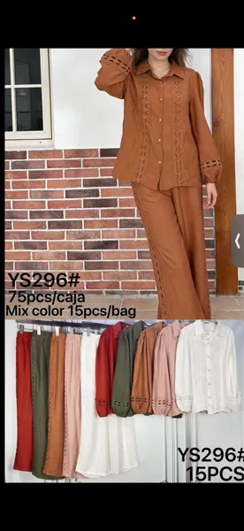 Conjunto de camisa y pantalón con detalle de encaje calado-YS296