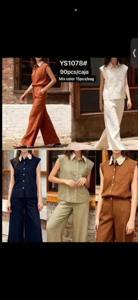 Conjunto de Top Sin Mangas con Cuello de Encaje y Pantalón Ancho-YS1078