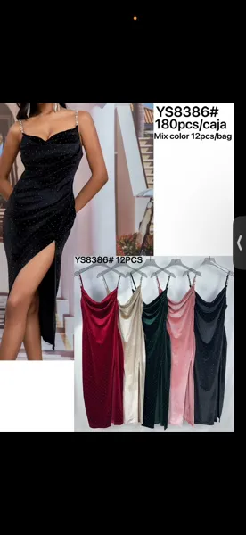 Vestido largo de terciopelo con tirantes de pedrería y abertura-YS8386