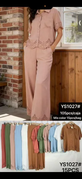 Conjunto de camisa y pantalón con detalles calados-YS1027