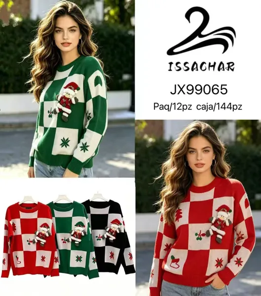 Suéter navideño con diseño de cuadros y muñeco