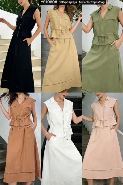 Conjunto de top sin mangas con cremallera y falda-YS1080