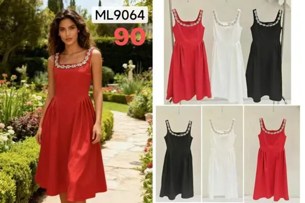 Vestido midi con escote cuadrado y adornos-ML9064