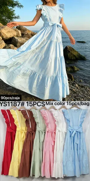 Vestido largo escalonado con volantes y lazo-YS1187