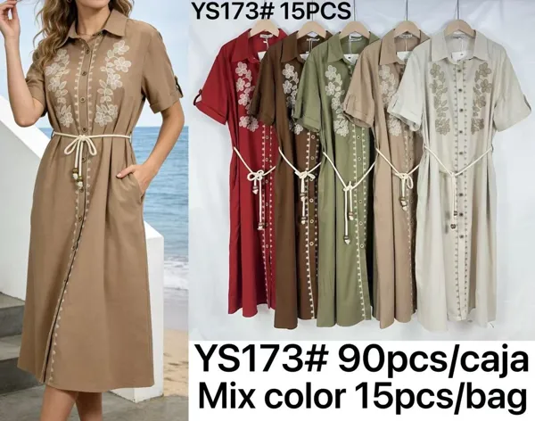 Vestido tipo camisa con bordado floral y cinturón-YS173