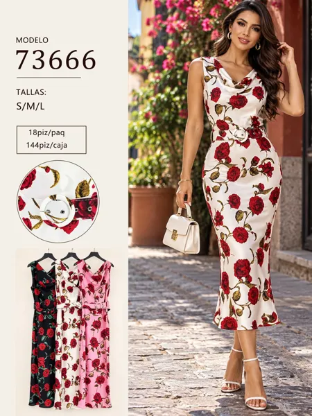 Vestido con estampado de rosas y cinturón