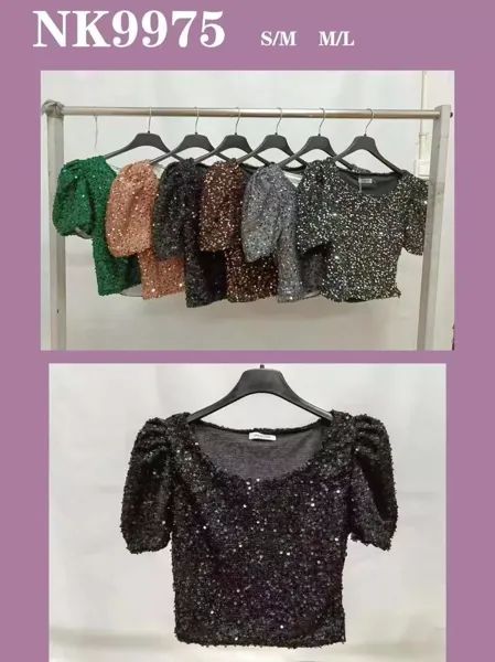 Blusa de lentejuelas con mangas abullonadas en varios colores