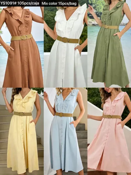 Vestido largo camisero con volantes-YS1091