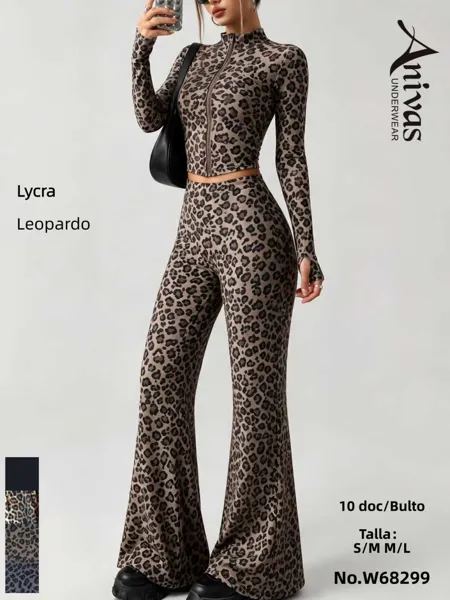 Conjunto de chaqueta con cremallera y pantalón acampanado W68299