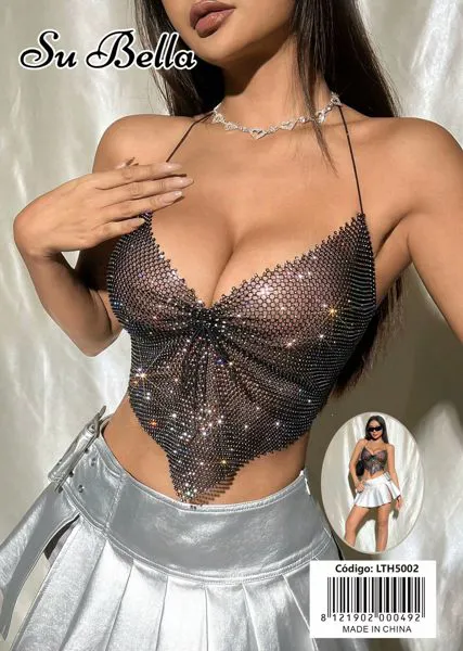Top de pedrería sexy negro