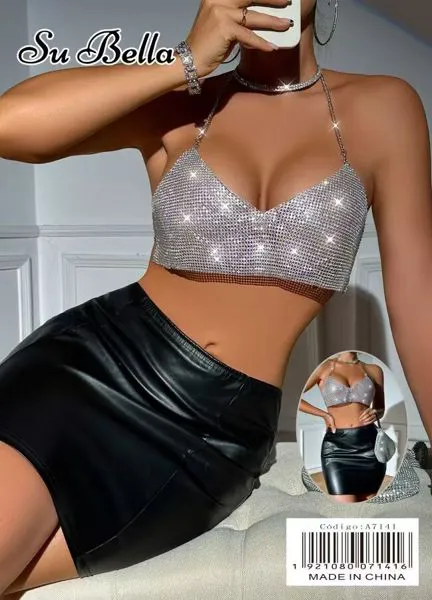 Top de pedrería plateado sexy
