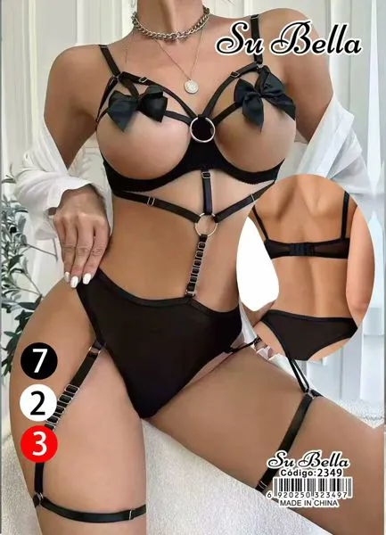 Conjunto de lencería sexy con moños y ligas