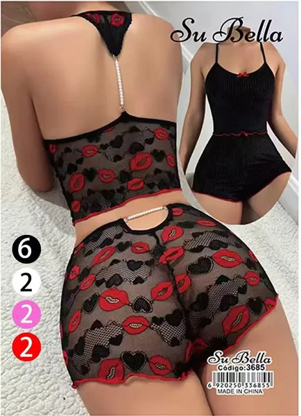 Conjunto de lencería de malla con estampado de labios