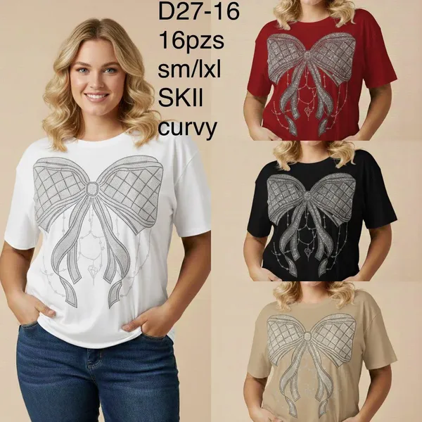 Playera de mujer con estampado de moño y pedrería-D27-16