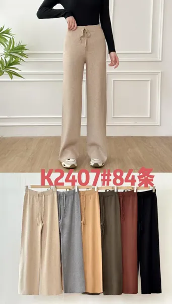Pantalones de punto de pierna ancha con cordón-K2407#84