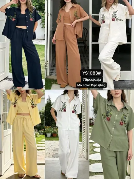 Conjunto de camisa de manga corta bordada y pantalón-YS1083