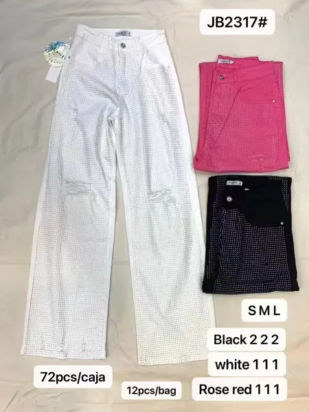 Pantalones jeans de mujer con pedrería y efecto roto-JB2317