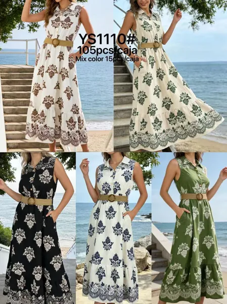 Vestido largo estampado con cinturón