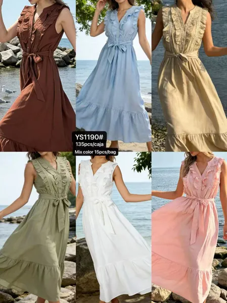 Vestido maxi con cuello V y volantes-YS1190